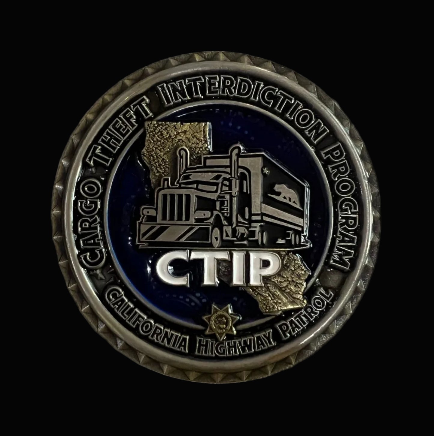 California Highway Patrol Cargo Theft Challenge Coin | 2 inch | Antique Gold and Silver