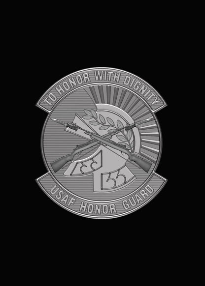 A lapel pin with a 3-D imagery design featuring a stylized eagle and text, chrome plated with a black rubber frog on the back.