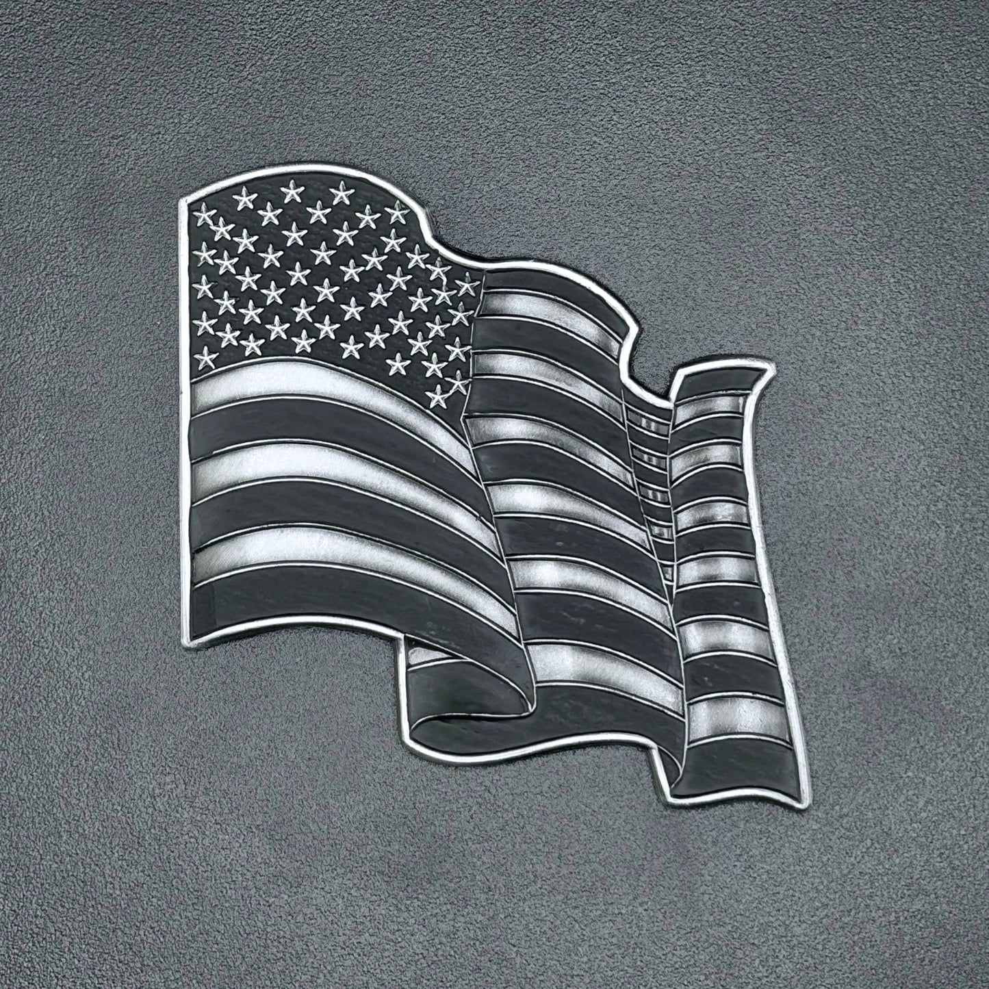 U.S. Furled Flag Metal Auto Decal Subdued | 4" Antique Silver with Black