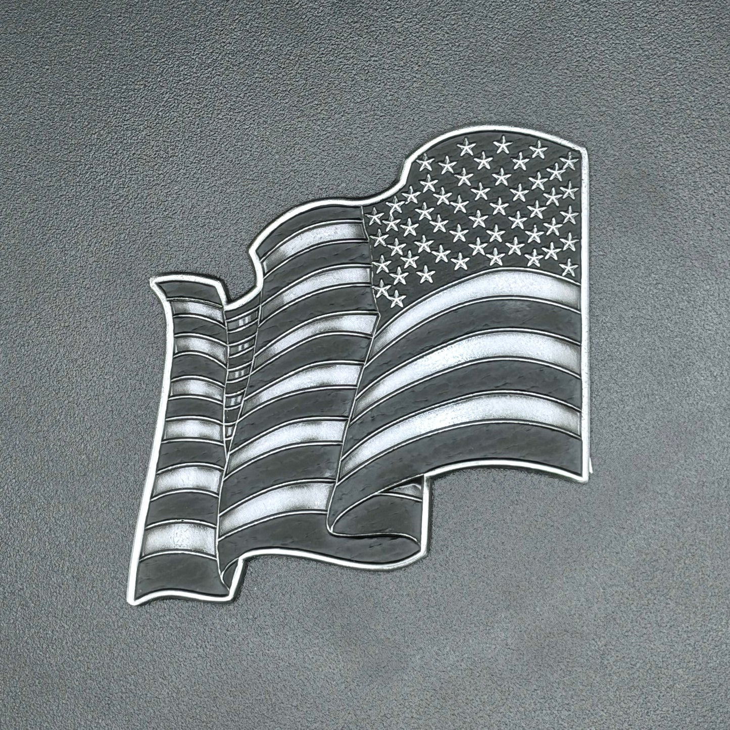 U.S. Furled Flag Metal Auto Decal Reverse Orientation Subdued | 4" Antique Silver with Black