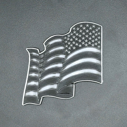 U.S. Furled Flag Metal Auto Decal Reverse Orientation Subdued | 4" Antique Silver with Black