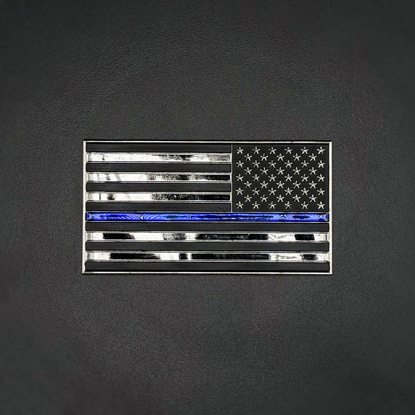 U.S. Flag Metal Auto Decal Reverse Orientation Thin Blue Line | 4" Chrome with Blue and Black Enamel