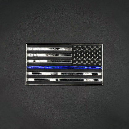 U.S. Flag Metal Auto Decal Reverse Orientation Thin Blue Line | 4" Chrome with Blue and Black Enamel