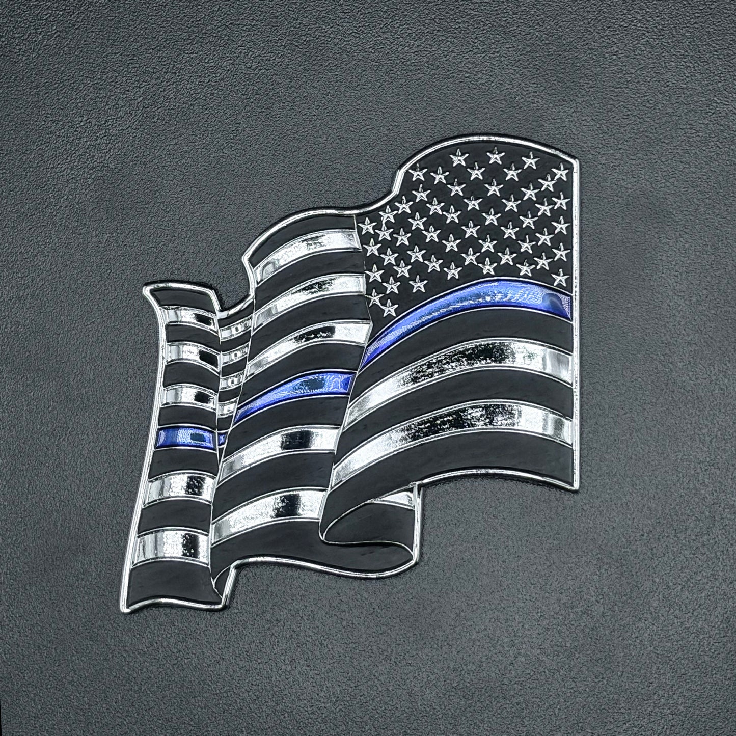 U.S. Furled Flag Metal Auto Decal Reverse Orientation Thin Blue Line | 4" Chrome with Blue and Black Enamel