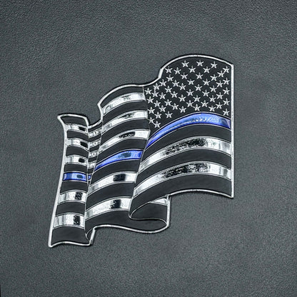 U.S. Furled Flag Metal Auto Decal Reverse Orientation Thin Blue Line | 4" Chrome with Blue and Black Enamel