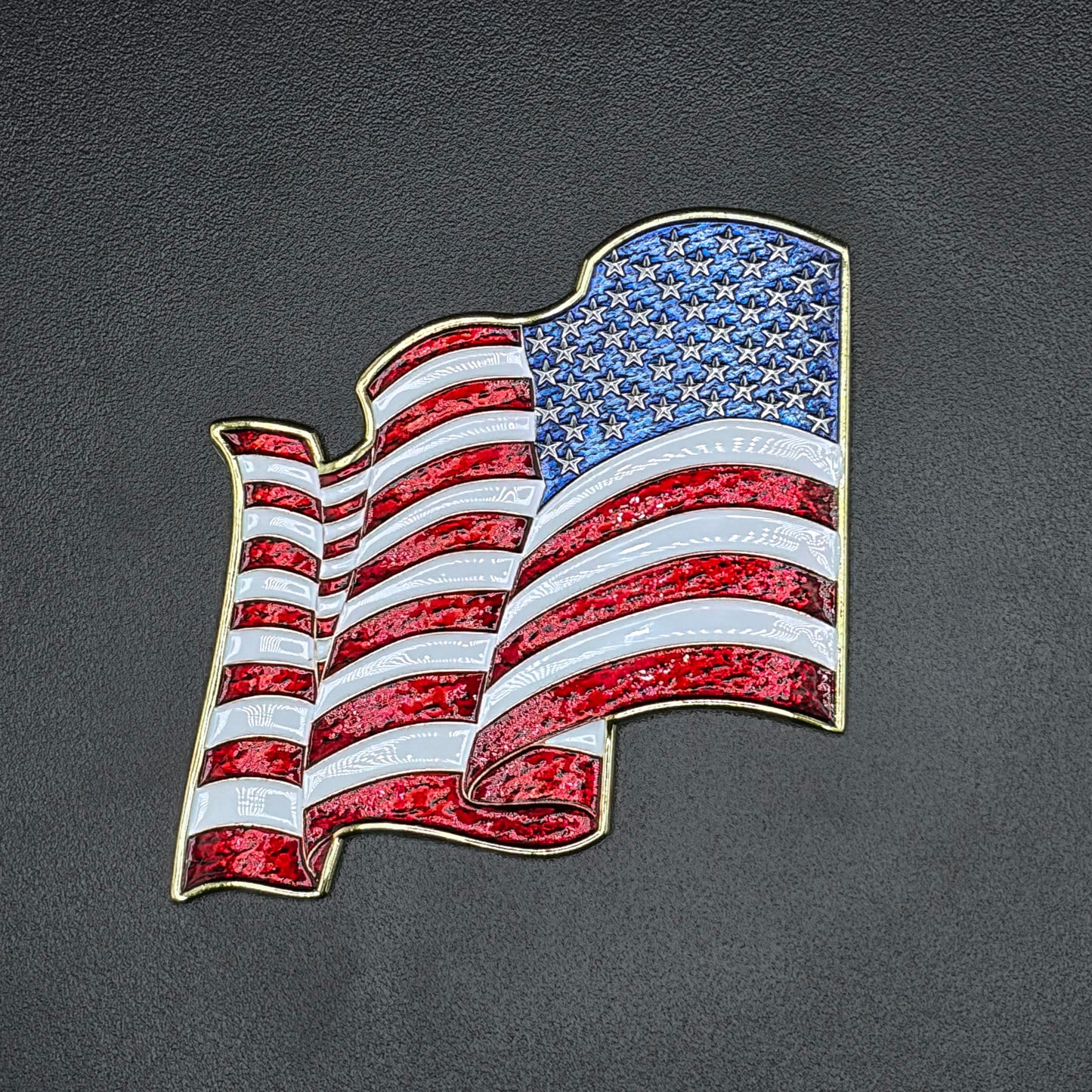 U.S. Furled Flag Metal Auto Decal Reverse Orientation | 4" Chrome with Color Enamel