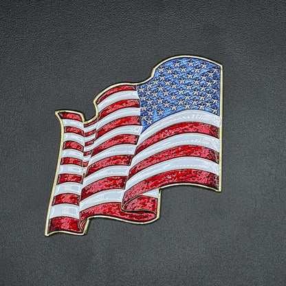 U.S. Furled Flag Metal Auto Decal Reverse Orientation | 4" Chrome with Color Enamel