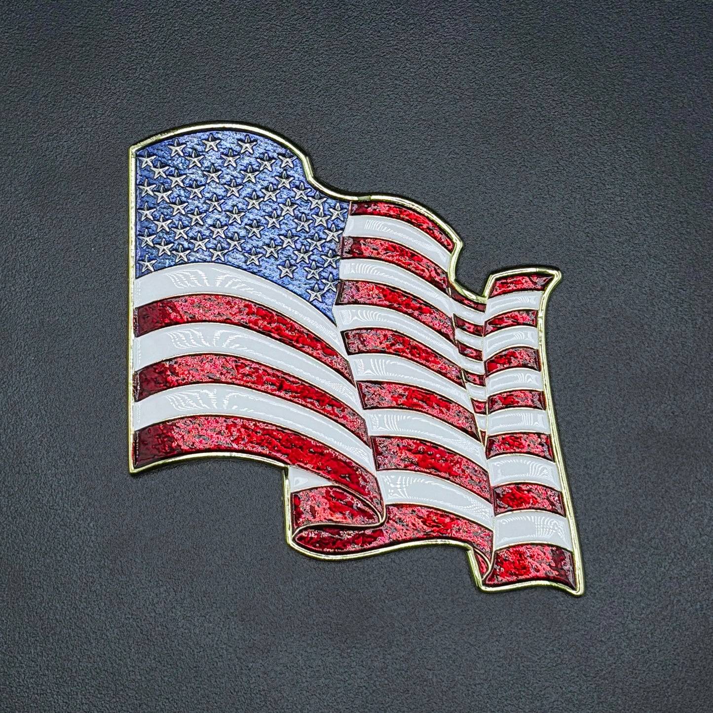 U.S. Furled Flag Metal Auto Decal | 4" Chrome with Color Enamel