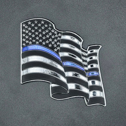 U.S. Furled Flag Metal Auto Decal Thin Blue Line | 4" Chrome with Blue and Black Enamel