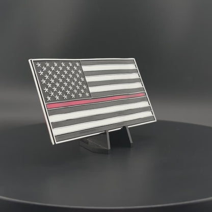 U.S. Flag Metal Auto Decal Thin Red Line | 4" Chrome with Red and Black Enamel