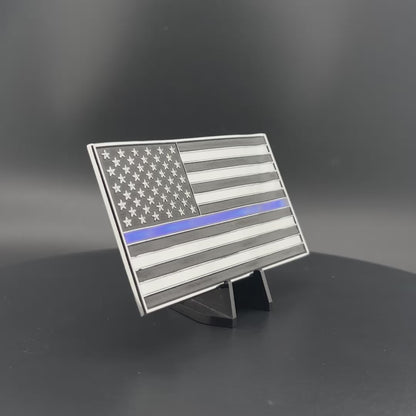 U.S. Flag Metal Auto Decal Thin Blue Line | 4" Chrome with Blue and Black Enamel