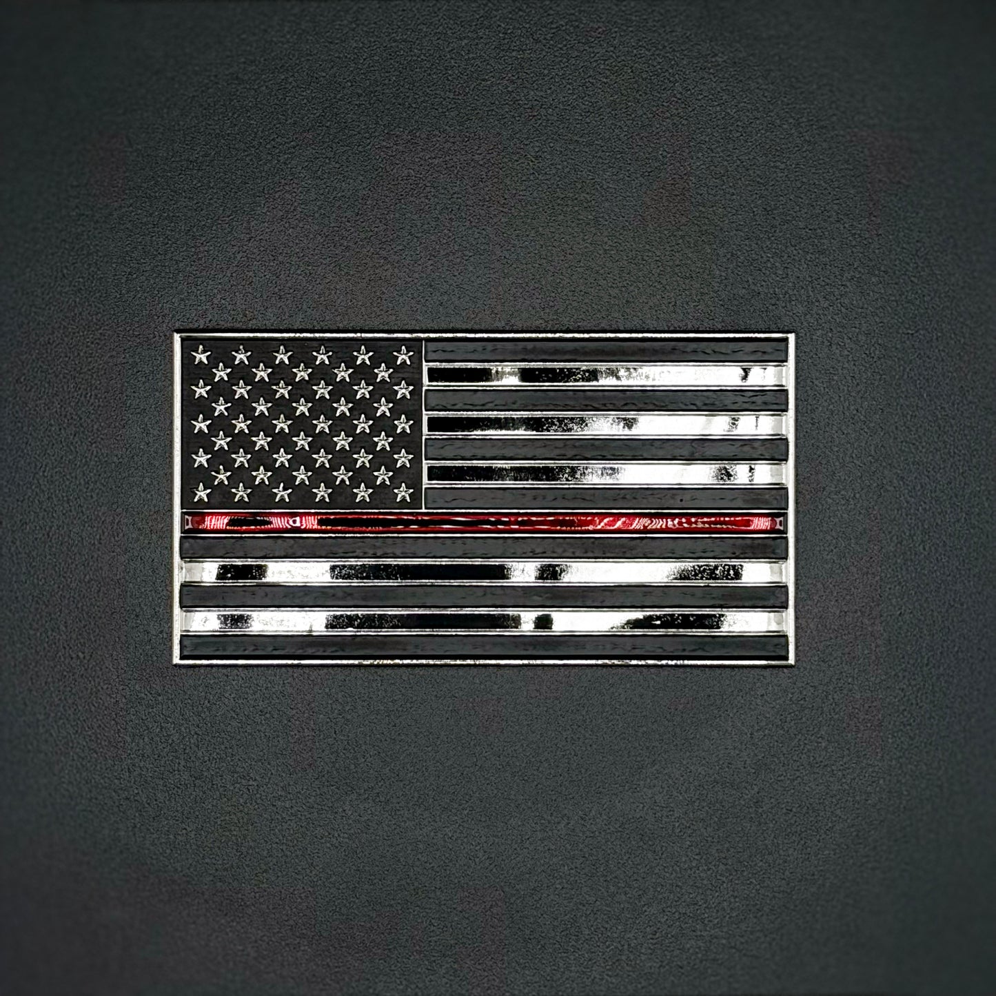 U.S. Flag Metal Auto Decal Thin Red Line | 4" Chrome with Red and Black Enamel