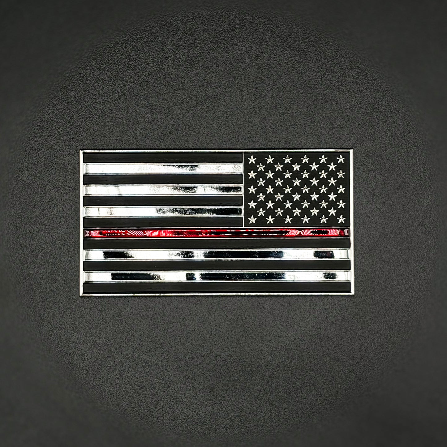 U.S. Flag Metal Auto Decal Reverse Orientation Thin Red Line | 4" Chrome with Red and Black Enamel