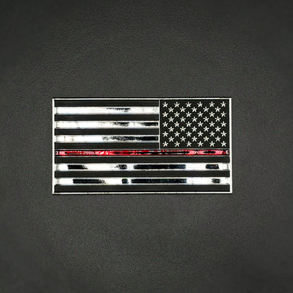 U.S. Flag Metal Auto Decal Reverse Orientation Thin Red Line | 4" Chrome with Red and Black Enamel