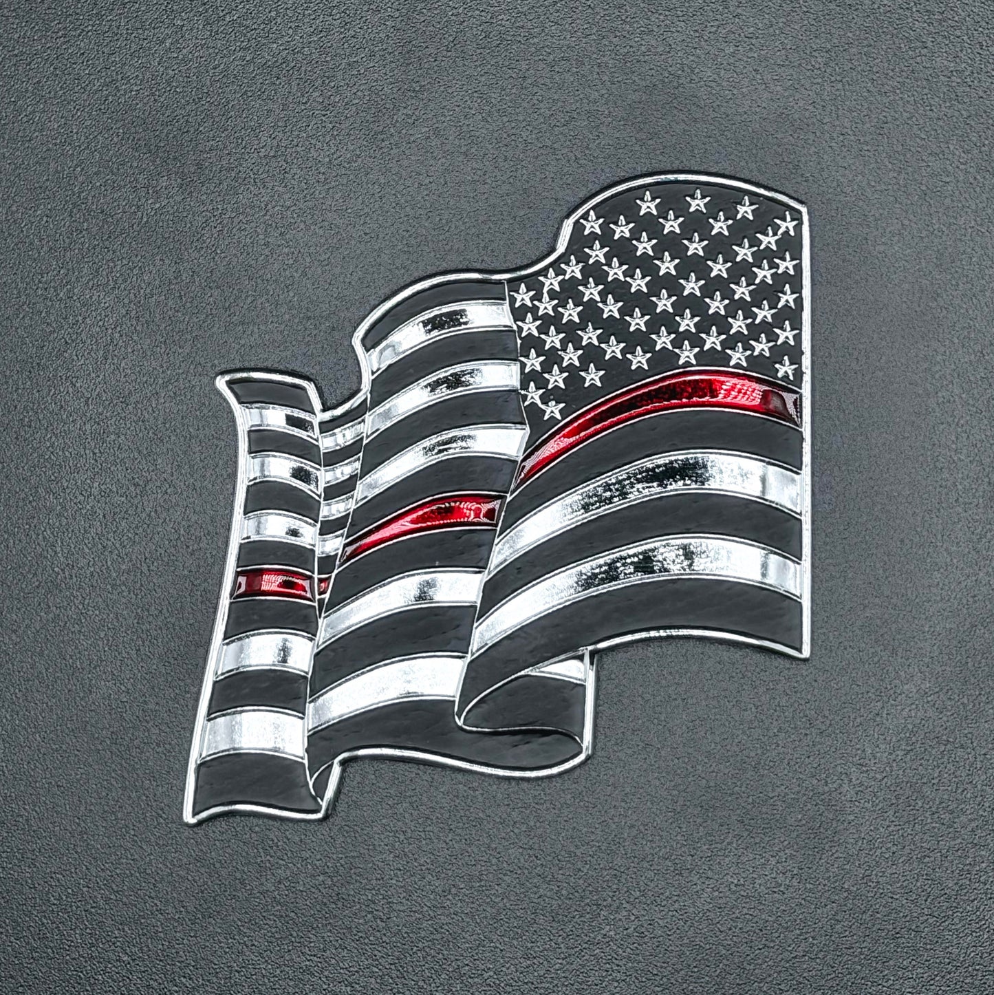 U.S. Furled Flag Metal Auto Decal Reverse Orientation Thin Red Line | 4" Chrome with Red and Black Enamel