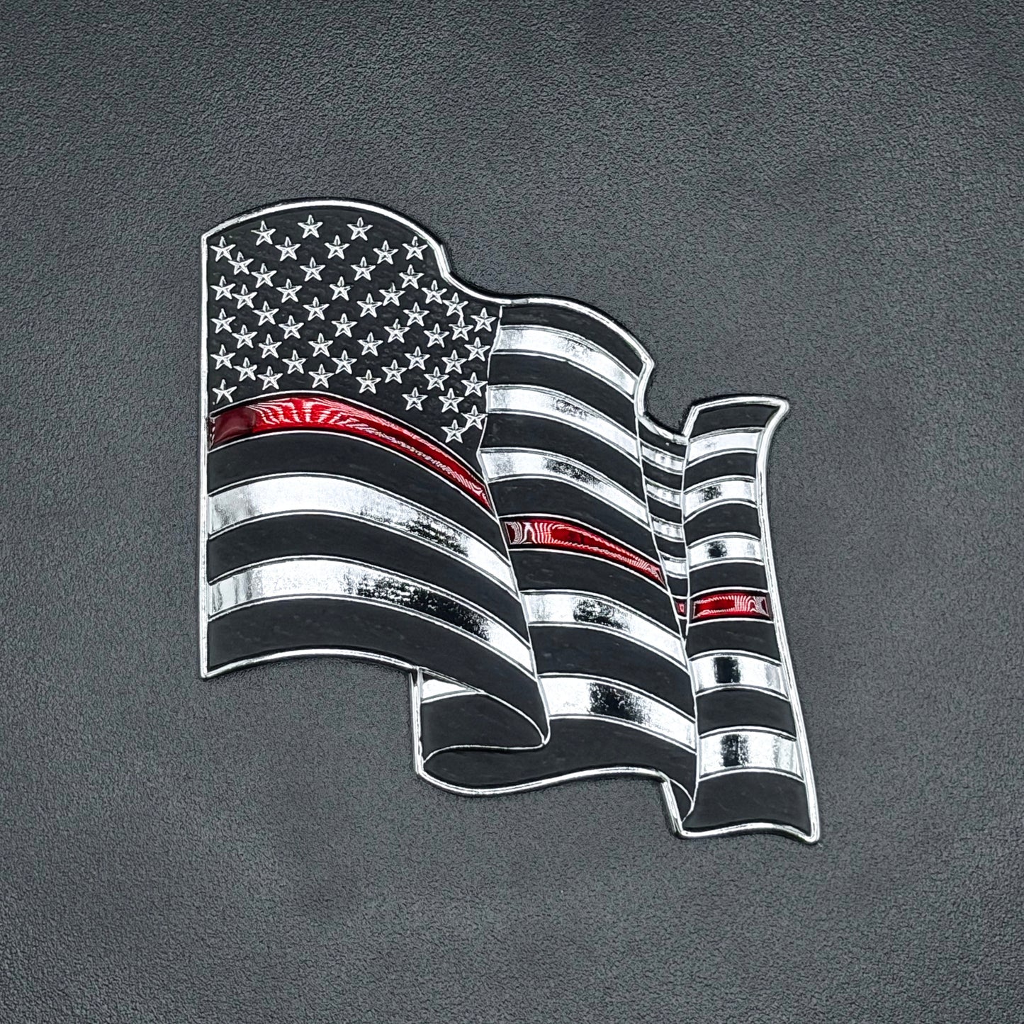 U.S. Furled Flag Metal Auto Decal Thin Red Line | 4" Chrome with Red and Black Enamel