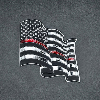 U.S. Furled Flag Metal Auto Decal Thin Red Line | 4" Chrome with Red and Black Enamel